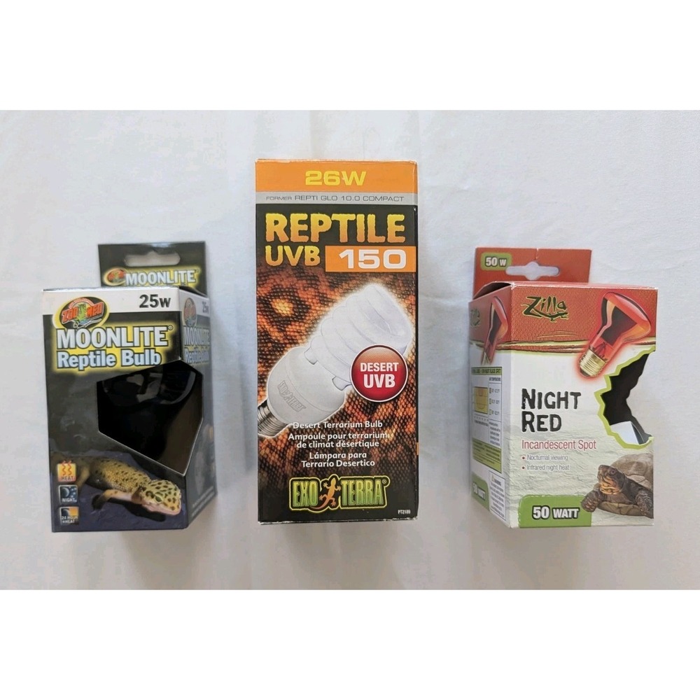 Lot of 3 Reptile Heating & UVB Bulbs Exo Terra 26W Zoo Med 25W Zilla 50W New